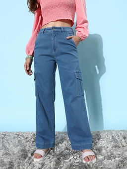 DOLCE CRUDO - Women Blue Wide Leg High Rise Denim Jeans
