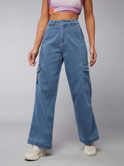 DOLCE CRUDO - Women Blue Wide Leg High Rise Denim Jeans