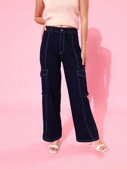 DOLCE CRUDO - Women Navy Blue Wide Leg High Rise Denim Jeans