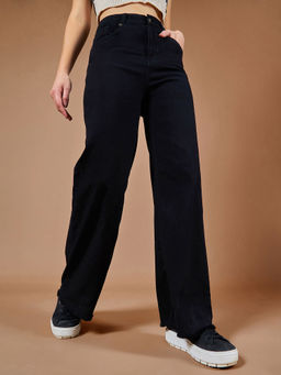 DOLCE CRUDO - Women Black High Rise Regular-Length Wide Leg Denim Jeans