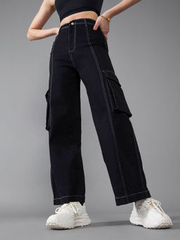 DOLCE CRUDO - Women Black Wide-Leg High-Rise Patch-Pocketed Denim Jeans