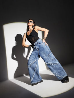Miss Chase - Women Navy Blue Wide-Leg High-Rise Regular-Length Denim Jeans