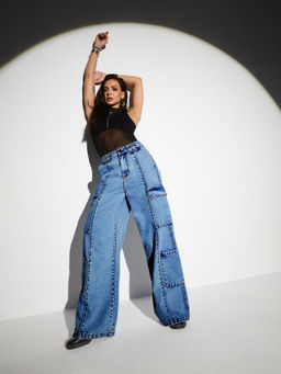 Miss Chase - Women Light Blue Wide-Leg High Rise Regular Denim Pant