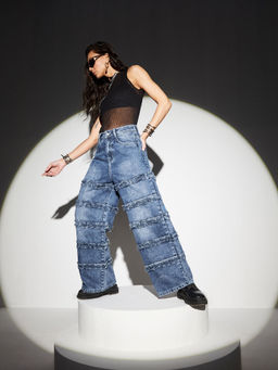 Miss Chase - Women Navy Blue Wide-Leg High-Rise Regular-Length Denim Jeans