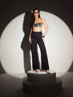 Miss Chase - Women Black Wide Leg High Rise Regular-Length Denim Jeans