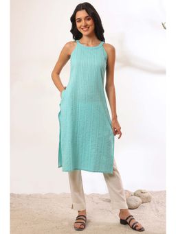 Aurelia - Women Green Solid Zari Cotton Blend Straight Kurta