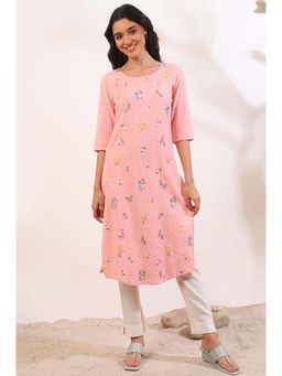 Aurelia - Women Pink Solid Zari Pure Cotton Straight Kurta