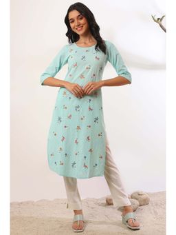 Aurelia - Women Blue Solid Zari Pure Cotton Straight Kurta