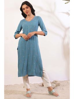 Aurelia - Women Blue Yarn Dyed Pure Cotton Straight Kurta