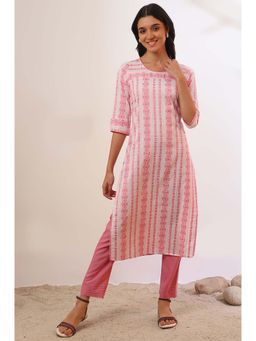 Aurelia - Women Pink Yarn Dyed Cotton Blend Straight Kurta