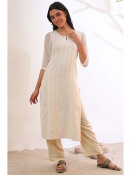 Aurelia - Women Off White Yarn Dyed Cotton Blend Straight Kurta
