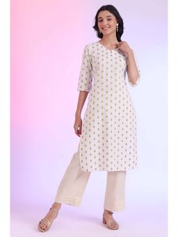 Aurelia - Women Off White Yarn Dyed Cotton Blend Straight Kurta