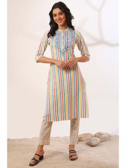Aurelia - Women Yellow Yarn Dyed Cotton Blend Straight Kurta