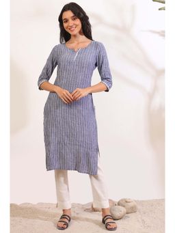 Aurelia - Women Grey Yarn Dyed Cotton Blend Straight Kurta