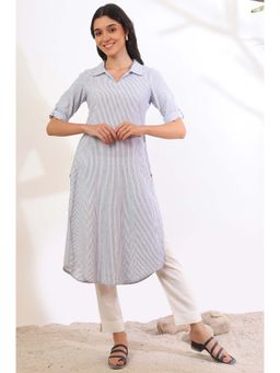 Aurelia - Women Blue Yarn Dyed Cotton Flax Straight Kurta