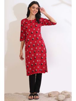 Aurelia - Women Red Yarn Dyed Cotton Blend Straight Kurta
