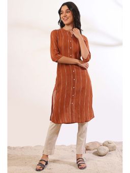 Aurelia - Women Orange Yarn Dyed Cotton Blend Straight Kurta