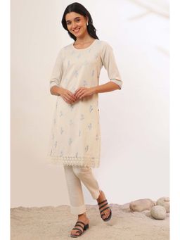 Aurelia - Women Off White Solid Cotton Blend Straight Kurta