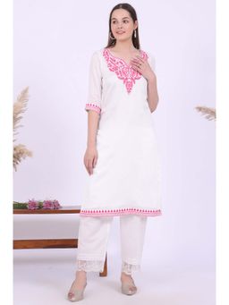 Aurelia - Women White Embroidered Pure Cotton Straight Kurta