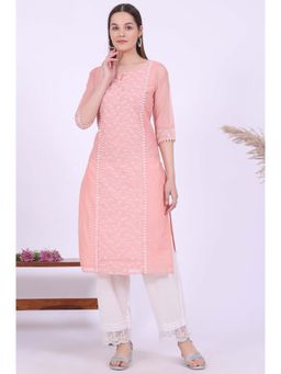 Aurelia - Women Orange Embroidered Cotton Blend Straight Kurta