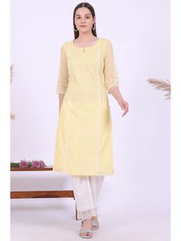 Aurelia - Women Yellow Embroidered Cotton Blend Straight Kurta