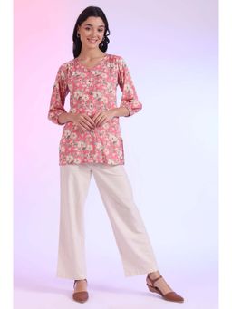 Aurelia - Women Pink Printed Modal Straight Kurti