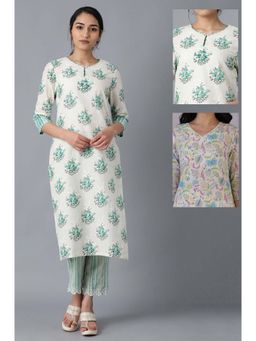 W - Green Pure Cotton Floral Kurta (Pack of 2)