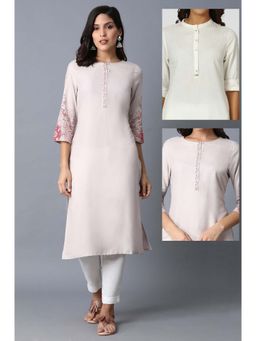 W - Pure White Cotton Floral Kurta (Pack of 2)