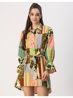 Moomaya - Casual Printed Collar Shirt Mini Dress