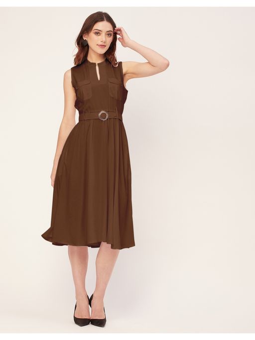 knee length dresses for ladies Mitrika Wine Mandarin Collar Tiered Cotton A-Line Midi Dress
