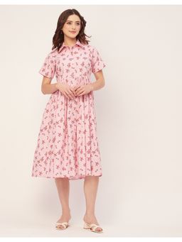 Moomaya - Cotton Half Sleeves Collar Midi Dress