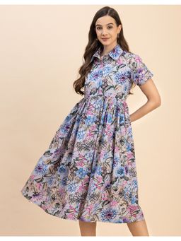 Moomaya - Cotton Half Sleeves Collar Midi Dress