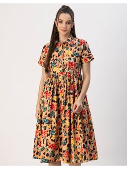 Moomaya - Cotton Half Sleeves Collar Midi Dress