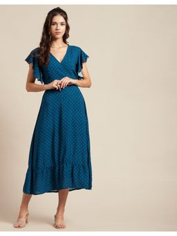 Moomaya - V-Neck Half Sleeves Midi Dress
