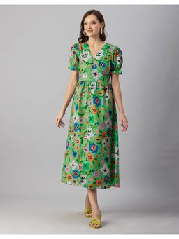 Moomaya - Front Slit Puffed Sleeves Midi Dress