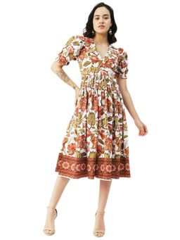 Moomaya - V-Neck Dress Printed Cotton Midi Dress