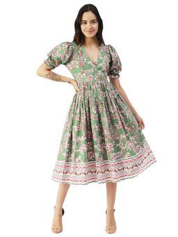 Moomaya - V-Neck Dress Printed Cotton Midi Dress
