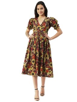 Moomaya - V-Neck Dress Printed Cotton Midi Dress