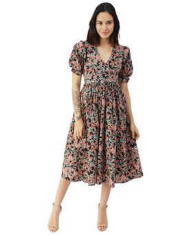 Moomaya - V-Neck Dress Printed Cotton Midi Dress