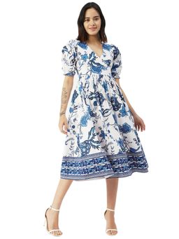 Moomaya - V-Neck Dress Printed Cotton Midi Dress
