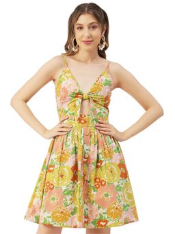 Moomaya - Tie-Knot Flared Spaghetti Strap Mini Dress