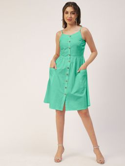 Moomaya - Buttoned Solid Cotton Knee Length Dress