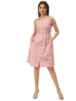 Moomaya - Buttoned Solid Cotton Knee Length Dress