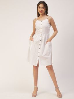 Moomaya - Buttoned Solid Cotton Knee Length Dress