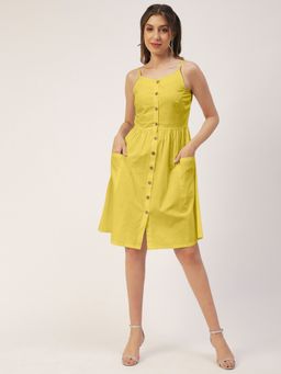 Moomaya - Buttoned Solid Cotton Knee Length Dress