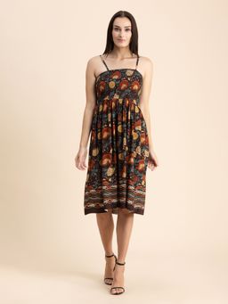 Moomaya - Smocked Printed Knee Length Dress