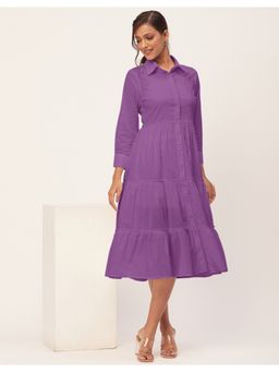 Moomaya - Collared Tiered Solid Cotton Midi Dress