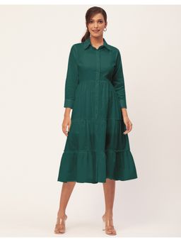 Moomaya - Collared Tiered Solid Cotton Midi Dress