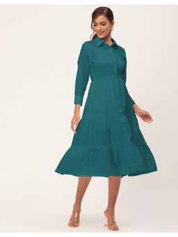 Moomaya - Collared Tiered Solid Cotton Midi Dress