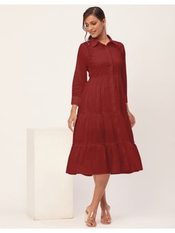 Moomaya - Collared Tiered Solid Cotton Midi Dress